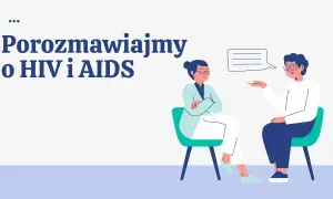 Rozmawiamy o HIV i AIDS. Dwie osoby siedzą naprzeciwko siebie, jedna z nich mówi, druga słucha.
