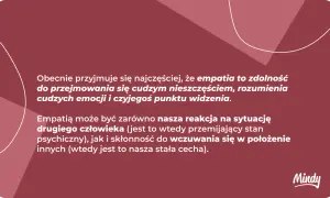 Grafika z tekstem o empatii na ciemnoróżowym tle z białymi liniami i logo Mindy.