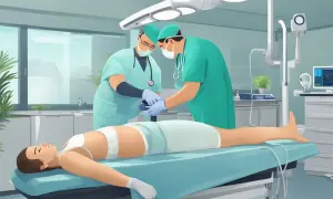 Lekarze przygotowują pacjentkę do zabiegu rektoskopii.