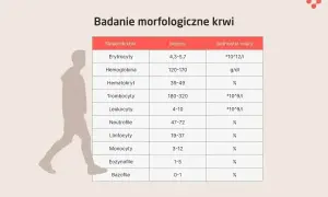 Tabela z badaniem morfologicznym krwi, gdzie eozynofile niskie (1-5%) są w normie. Obok sylwetka człowieka.