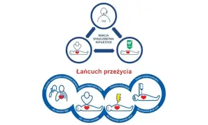 Schemat "Łańcuch przeżycia" przedstawiający etapy pierwszej pomocy: wezwanie pomocy, RKO, AED, opieka poresuscytacyjna.