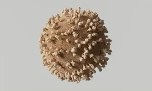 Render 3D wirusa z wypustkami na powierzchni, na jasnym tle.