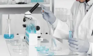 Badacz w laboratorium pobiera próbkę płynu pipetą. Badania nad zespołem Klinefeltera mogą pomóc w lepszym zrozumieniu jego przyczyn i leczenia.