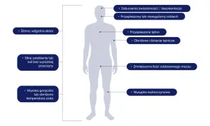 Ilustracja sylwetki człowieka z zaznaczonymi objawami sepsy: zimna skóra, zaburzenia świadomości, przyspieszony oddech, osłabienie, wysypka.
