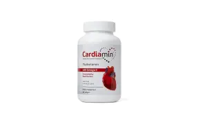 Biała butelka suplementu diety Cardiomin z multivitaminami i omega-3, wspierająca zdrowie serca.