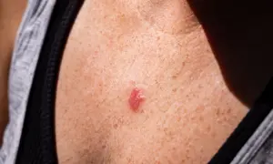 Zbliżenie na skórę szyi z piegami i zaczerwienioną, łuszczącą się zmianą.