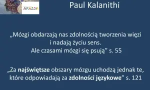 Grafika z logo "Afazja" i cytatem o mózgu. Podkreśla znaczenie zdolności językowych, ważnych także w przypadku afazji u dzieci.
