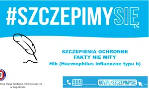 Grafika z hasłem #SZCZEPIMYSIĘ, piórem i informacją o szczepieniach Hib.
