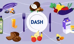 DASH dieta to klucz do tego, jak obniżyć wysokie ciśnienie. Na talerzu ryby, warzywa, owoce, nabiał, orzechy i oliwa.