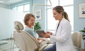 Dentystka w białym fartuchu pokazuje pacjentce tablet w gabinecie stomatologicznym.