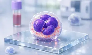 Ilustracja komórki z fioletowymi jądrami i czerwonymi ziarnistościami, na tle laboratoryjnym.