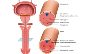 Ilustracja anatomiczna prącia w stanie spoczynku i wzwodu z zaznaczonymi strukturami.
