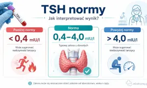 Wysokie TSH (>4,0 mIU/I) może sugerować niedoczynność tarczycy. Obok normy i wyników poniżej normy.