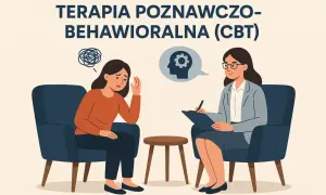 Ilustracja przedstawia sesję terapii poznawczo-behawioralnej: pacjentka zmartwiona siedzi naprzeciwko terapeutki.