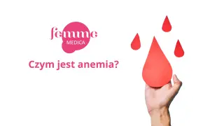 Dłoń trzymająca dużą czerwoną kroplę krwi, obok mniejsze krople i logo "femme MEDICA".