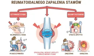 Wczesne objawy reumatoidalnego zapalenia stawów: sztywność, opuchlizna, utrata apetytu, zmęczenie, gorączka.