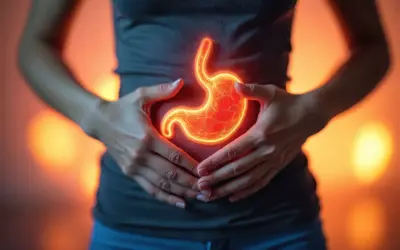 Dłonie obejmujące brzuch, gdzie widoczny jest świecący, czerwony żołądek, symbolizujący gastropatię rumieniową.