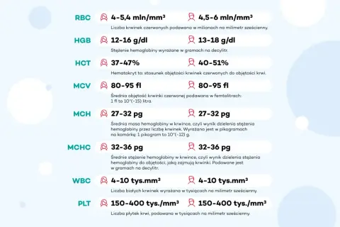 Tabela z wynikami morfologii krwi: RBC, HGB, HCT, MCV, MCH, MCHC, WBC, PLT. Podane są normy dla każdego parametru.