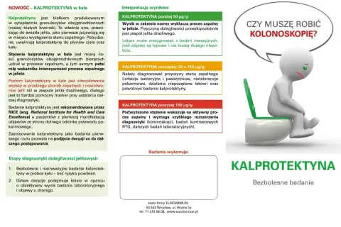 Badanie kalprotektyny w kale pomaga zdiagnozować stan zapalny jelit. Wynik powyżej 150 µg/g sugeruje aktywny proces zapalny i potrzebę dalszej diagnostyki, np. kolonoskopii.