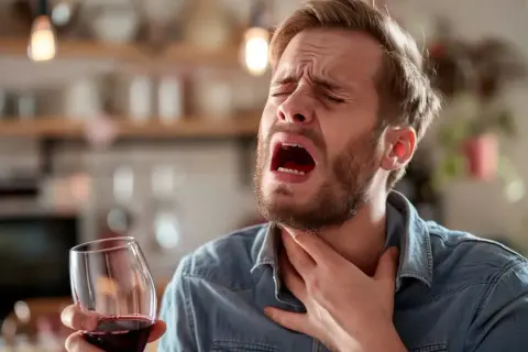 Mężczyzna z bólem gardła trzyma kieliszek wina, zastanawiając się, czy przy refluksie można pić alkohol.