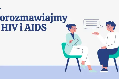 Rozmawiamy o HIV i AIDS. Dwie osoby siedzą naprzeciwko siebie, jedna z nich mówi, druga słucha.
