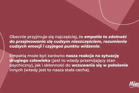 Grafika z tekstem o empatii na ciemnoróżowym tle z białymi liniami i logo Mindy.