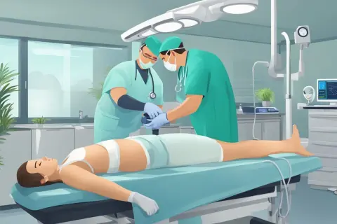 Lekarze przygotowują pacjentkę do zabiegu rektoskopii.