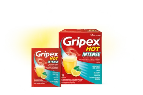 Opakowanie i saszetka leku Gripex Hot Intense z cytryną i parującym napojem.