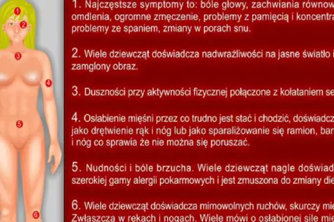 Ilustracja przedstawia schemat ciała ludzkiego z zaznaczonymi punktami, opisującymi potencjalne skutki uboczne po szczepieniu HPV: bóle głowy, omdlenia, problemy z koncentracją, nadwrażliwość na światło, duszności, osłabienie mięśni, nudności, skurcze.