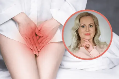 Kobieta z rękami na podbrzuszu, gdzie widać zaczerwienienie, sugerujące ból. Obok jej twarz, która może symbolizować troskę o zdrowie i świadomość objawów rzeżączki.