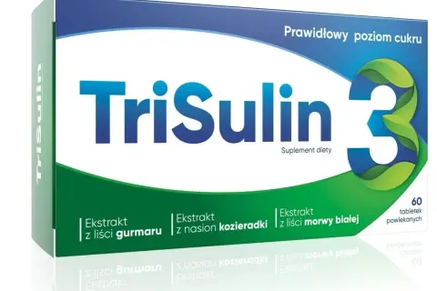 Opakowanie suplementu diety TriSulin 3, wspierającego prawidłowy poziom cukru. Wiele pozytywnych trisulin opinie potwierdza jego skuteczność.