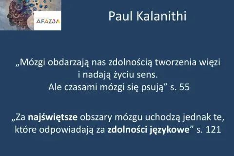 Grafika z logo "Afazja" i cytatem o mózgu. Podkreśla znaczenie zdolności językowych, ważnych także w przypadku afazji u dzieci.