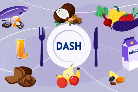 DASH dieta to klucz do tego, jak obniżyć wysokie ciśnienie. Na talerzu ryby, warzywa, owoce, nabiał, orzechy i oliwa.
