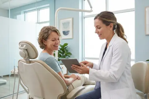 Dentystka w białym fartuchu pokazuje pacjentce tablet w gabinecie stomatologicznym.