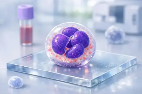 Ilustracja komórki z fioletowymi jądrami i czerwonymi ziarnistościami, na tle laboratoryjnym.