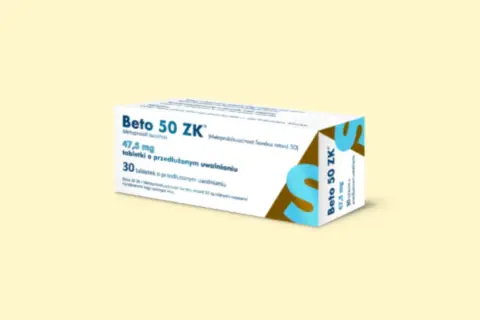 Opakowanie leku Beto 50 ZK. Pytanie: betaloc zok 25 czy można pić alkohol? Lek zawiera metoprolol.