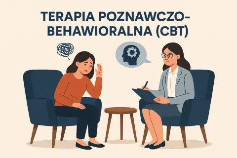 Ilustracja przedstawia sesję terapii poznawczo-behawioralnej: pacjentka zmartwiona siedzi naprzeciwko terapeutki.