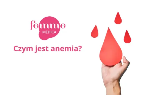 Dłoń trzymająca dużą czerwoną kroplę krwi, obok mniejsze krople i logo "femme MEDICA".