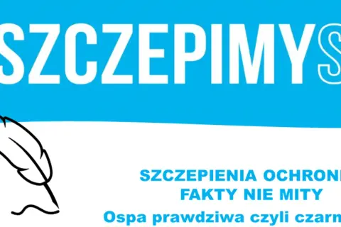 #SzczepimySię: szczepienia ochronne, fakty nie mity. Ospa prawdziwa czyli czarna ospa. Piórko symbolizuje wiedzę.
