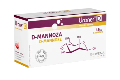 Opakowanie Uroner D z D-mannozą, 16 saszetek. Widoczny wzór chemiczny D-mannozy.