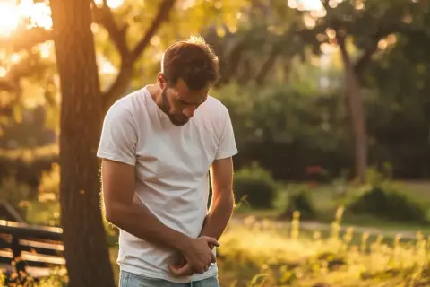Mężczyzna w białej koszulce trzyma się za brzuch, zgięty w pół. Słońce przebija się przez drzewa, tworząc ciepłą, złotą poświatę. Może to być symbol bólu związanego z chorobą Leśniowskiego-Crohna.