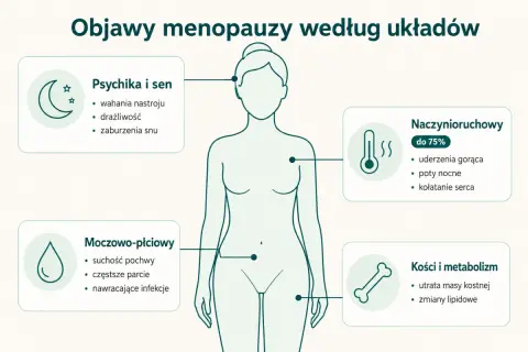 Ilustracja przedstawia objawy menopauzy: psychika i sen, naczynioruchowe, moczowo-płciowe, kości i metabolizm.