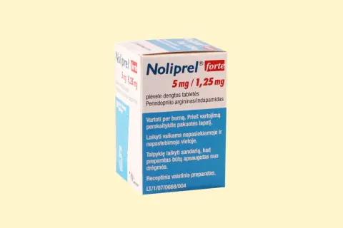 Opakowanie leku Noliprel forte 5 mg/1,25 mg, który może być najbezpieczniejszym lekiem na nadciśnienie. Zawiera perindopril i indapamid.