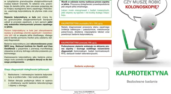 Badanie kalprotektyny w kale pomaga zdiagnozować stan zapalny jelit. Wynik powyżej 150 µg/g sugeruje aktywny proces zapalny i potrzebę dalszej diagnostyki, np. kolonoskopii.