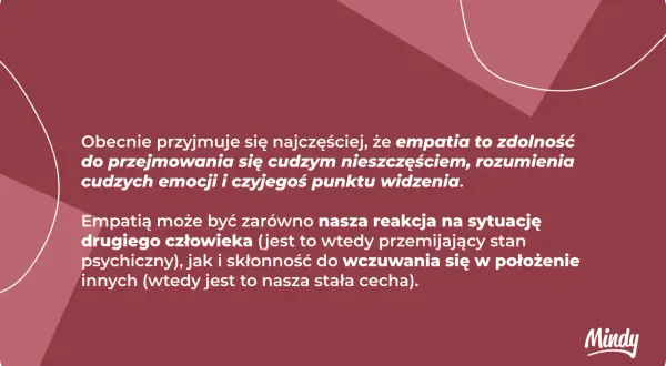Grafika z tekstem o empatii na ciemnoróżowym tle z białymi liniami i logo Mindy.