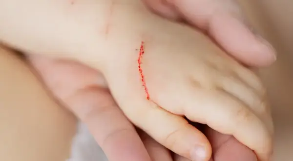 Dziecięca dłoń z krwawiącym zadrapaniem.