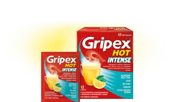 Opakowanie i saszetka leku Gripex Hot Intense z cytryną i parującym napojem.