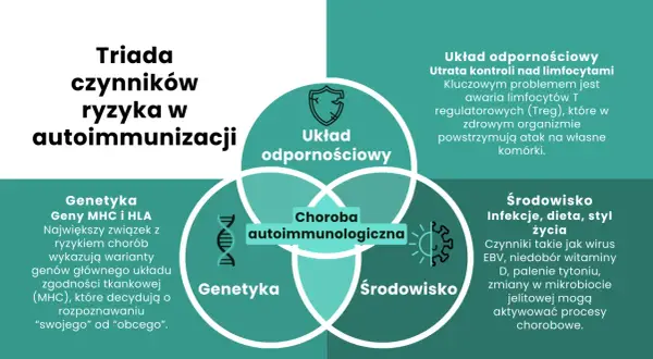 Diagram przedstawia triadę czynników ryzyka chorób autoimmunologicznych: genetykę, układ odpornościowy i środowisko.