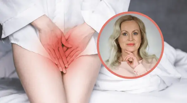 Kobieta z rękami na podbrzuszu, gdzie widać zaczerwienienie, sugerujące ból. Obok jej twarz, która może symbolizować troskę o zdrowie i świadomość objawów rzeżączki.