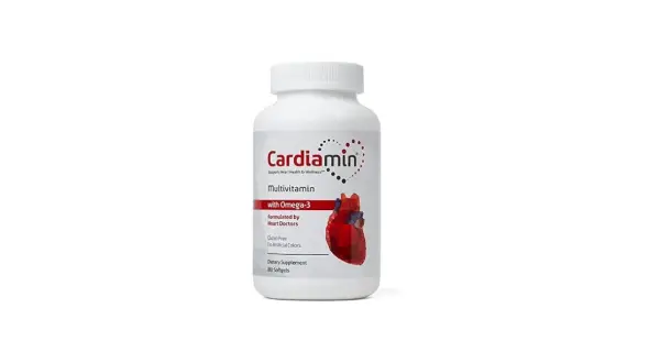 Biała butelka suplementu diety Cardiomin z multivitaminami i omega-3, wspierająca zdrowie serca.